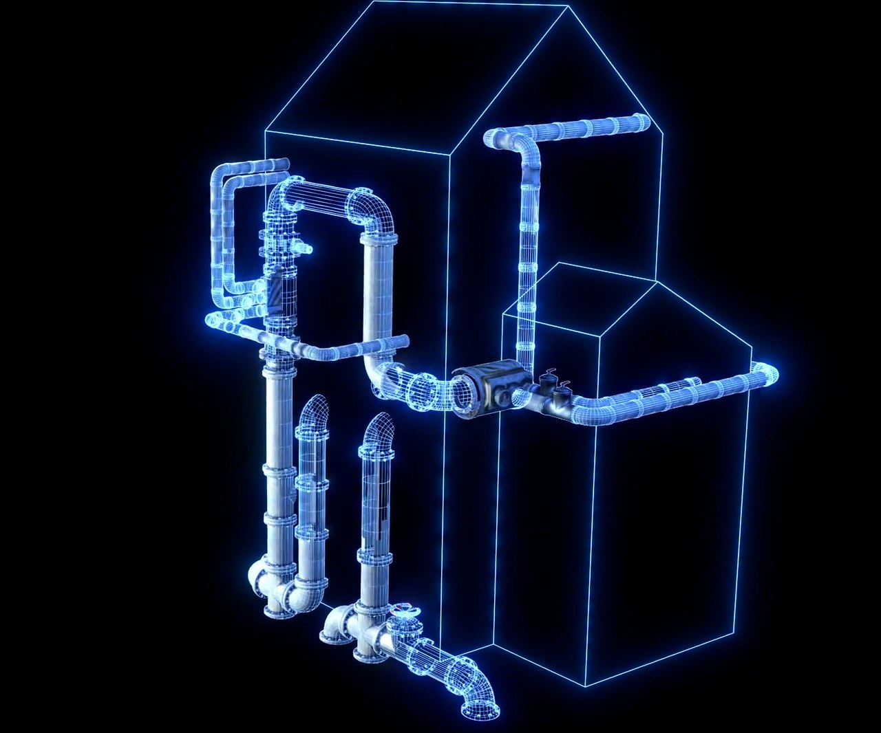 Holographic animation of building piping being designed automatically