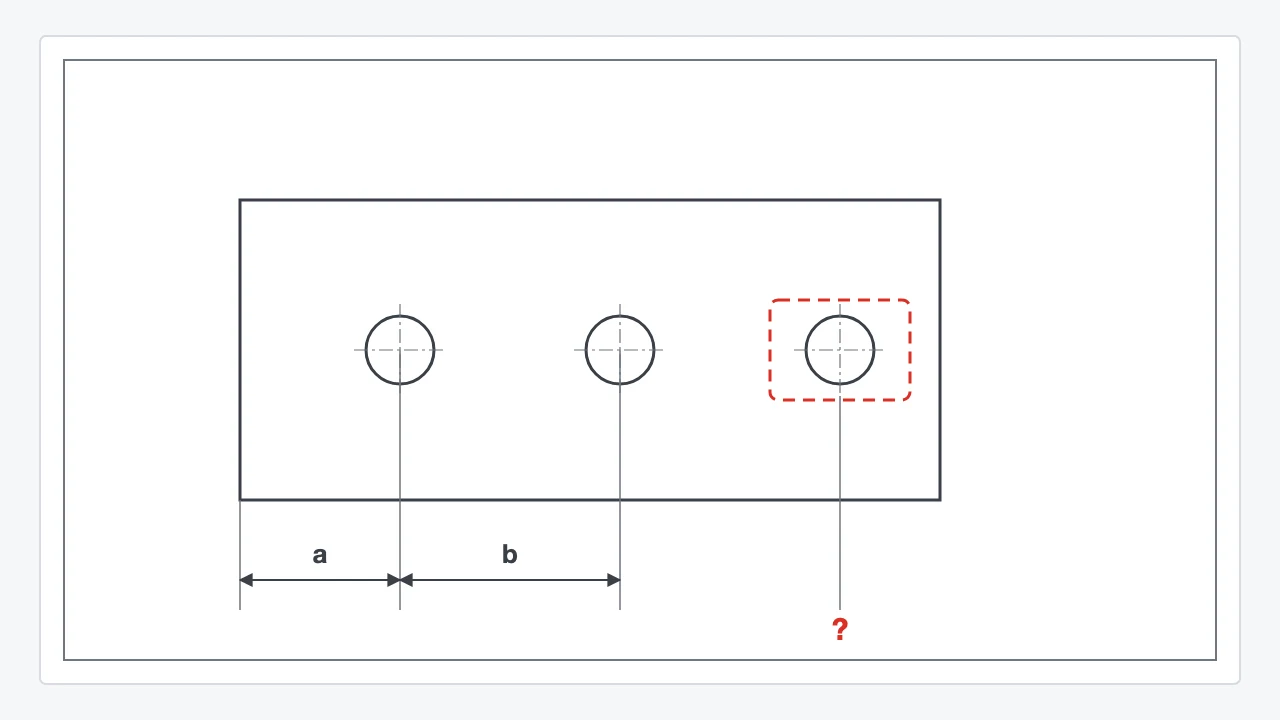 3つの穴のうち1つだけ位置寸法が記入されていない2D図面